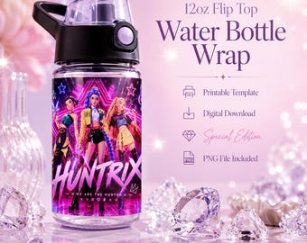 K-Pop Demon Hunters Huntrix 355 ml vattenflaskomslag | Rumi Kpop barnmugg PNG | Rosa anime-sippmuggomslag | Söt kawaii-dryckomslag
