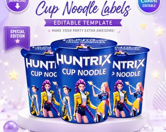Etiquetas para fideos instantáneos de K-pop con nombres personalizados editables en Canva, imprimibles de K-pop Demons Hunter, Rumi, Mira, Zoey, para decoración de fiestas.