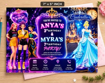 K-Pop Demon Hunters & Princess Birthday Invitation | Editable Canva Template | Sibling and  Twin Party Invite | Girls Birthday Invitation