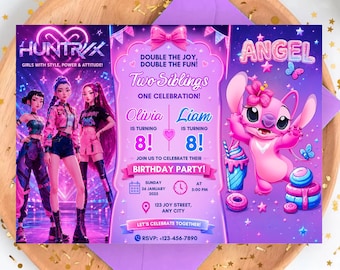 K-Pop Demon Hunters Stitch Birthday Invitation | Twin Birthday Invite | Editable Canva Template | Printable Party Invitation