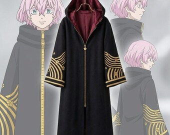 Tokyo Revengers Inspired Long Hooded Cloak, Anime Cosplay Coat, Black Fleece Jacket, Halloween Costume, Unisex Gift