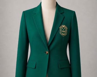 プレミアムグリーンブレザージャケット、ゴールドカラーの紋章刺繍入り、エリートアニメコスプレスクールユニフォームブレザー、フォーマルバーシティスーツジャケット