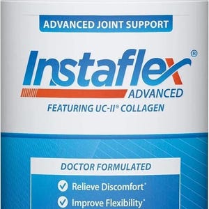 May include: A white bottle of InstaFlex Advanced joint support dietary supplement. The label features the brand name in blue and orange, along with text indicating it contains UC-II collagen and provides joint relief.