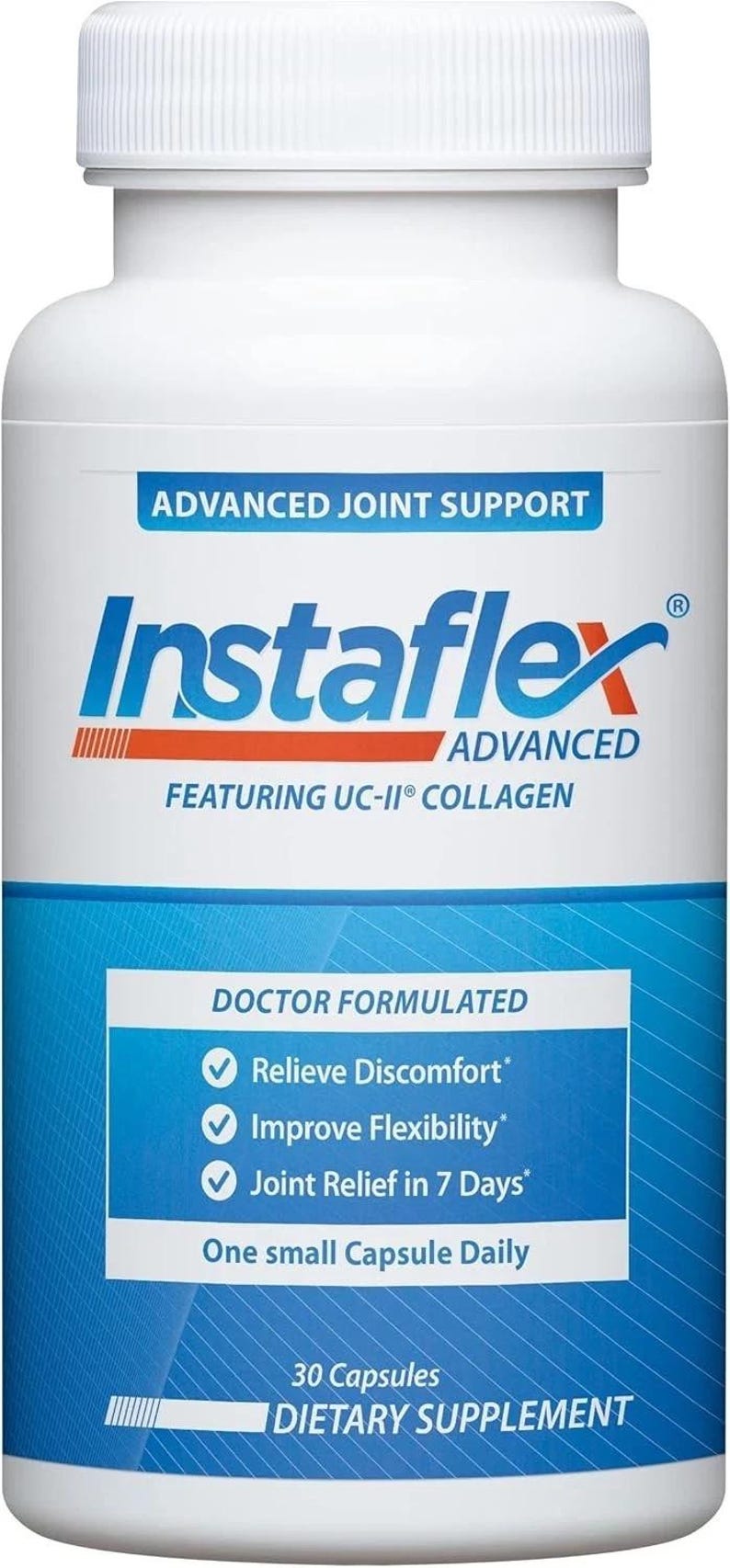 May include: A white bottle of InstaFlex Advanced joint support dietary supplement. The label features the brand name in blue and orange, along with text indicating it contains UC-II collagen and provides joint relief.