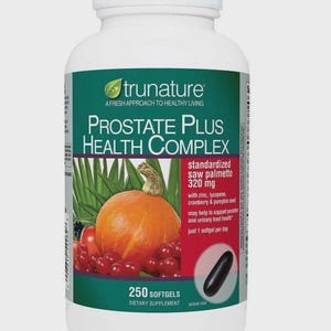 May include: A white bottle of trunature Prostate Plus Health Complex dietary supplement. The label features text and an illustration of a pumpkin, berries, and saw palmetto. The bottle contains 250 softgels.