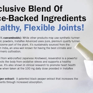 May include: Image features text: "An Exclusive Blend Of Science-Backed Ingredients For Healthy, Flexible Joints!" A white mortar and pestle are in the foreground, with a clear beaker in the background. The text describes ingredients.