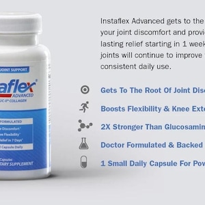 May include: A white bottle of Instaflex Advanced joint support capsules. The label features blue and red text, with the words "Advanced Joint Support" and "Featuring UC-II Collagen". The bottle contains 20 capsules.