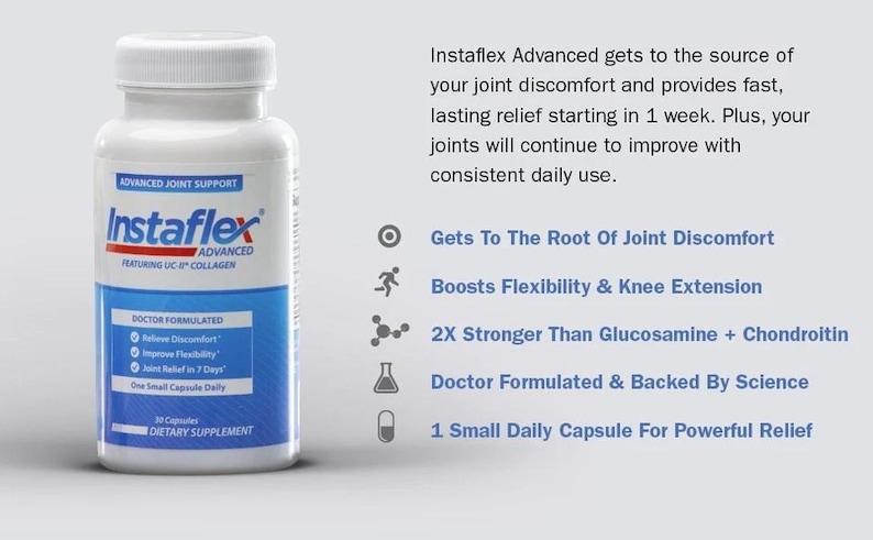 May include: A white bottle of Instaflex Advanced joint support capsules. The label features blue and red text, with the words "Advanced Joint Support" and "Featuring UC-II Collagen". The bottle contains 20 capsules.