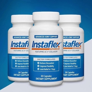 May include: Three white supplement bottles with blue and orange labels. The labels read "Instaflex Advanced Joint Support" and list benefits like relieving discomfort and improving flexibility. Each bottle contains 30 capsules.