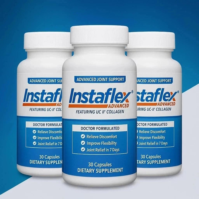 May include: Three white supplement bottles with blue and orange labels. The labels read "Instaflex Advanced Joint Support" and list benefits like relieving discomfort and improving flexibility. Each bottle contains 30 capsules.