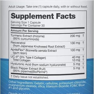 May include: White supplement bottle with a white cap. The label includes "Supplement Facts" and ingredient information, such as Turmeric Extract, Resveratrol, and Black Pepper Extract. The bottle contains 30 capsules.