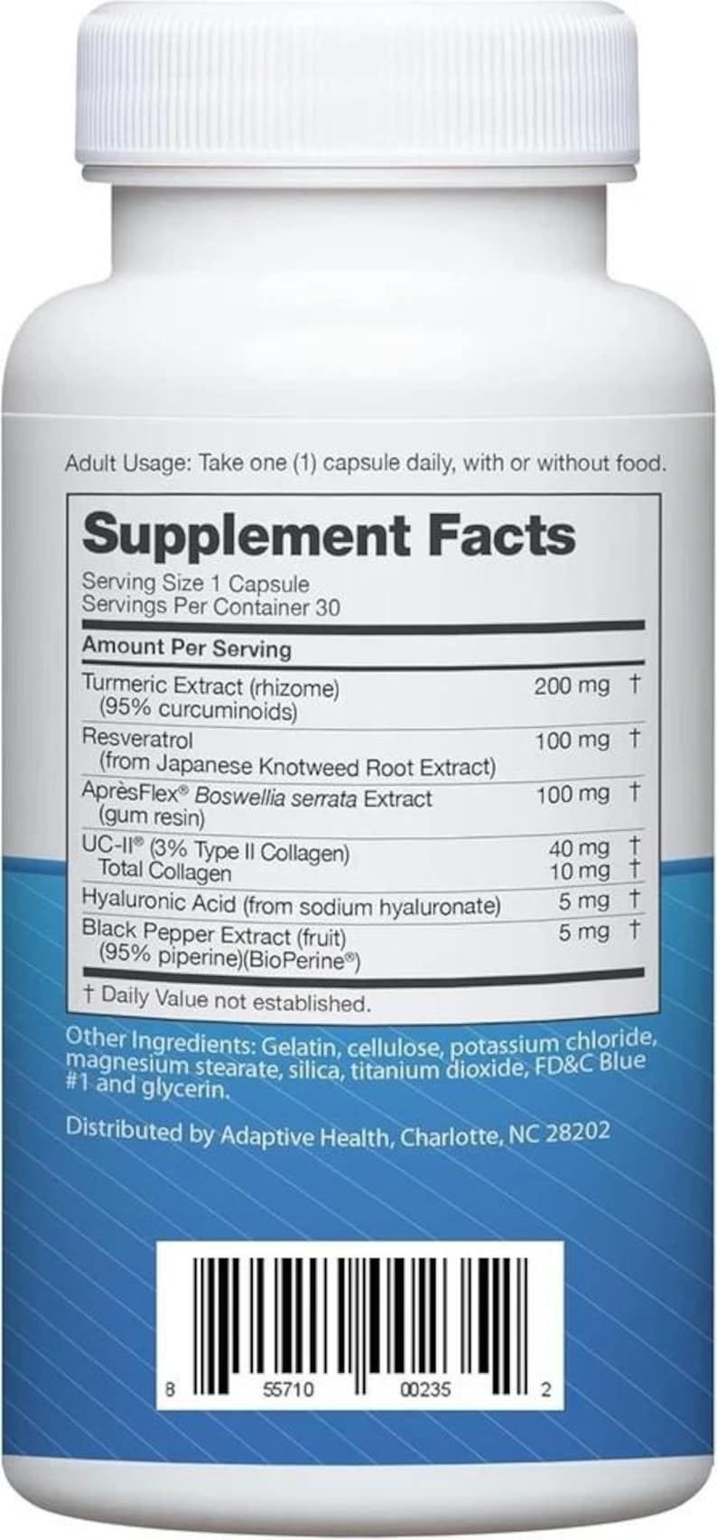 May include: White supplement bottle with a white cap. The label includes "Supplement Facts" and ingredient information, such as Turmeric Extract, Resveratrol, and Black Pepper Extract. The bottle contains 30 capsules.