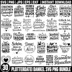 Può includere: Un pacchetto di download digitale di 30 file SVG e PNG con varie frasi e citazioni tedesche. I disegni in bianco e nero includono parole come "Einkaufen" e "Glück", perfetti per progetti di artigianato.