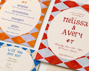 Inviti, partecipazioni e dettagli per matrimonio con stampa Arlecchino, modello modificabile disegnato a mano.