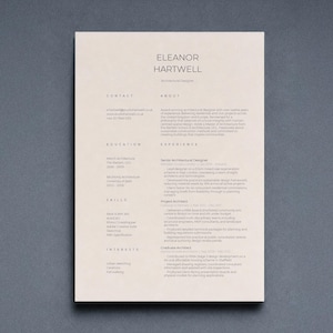 May include: A professional resume template for an architectural designer named Eleanor Hartwell. The document features a clean, light beige layout with dark text organized into sections for contact, about, education, experience, skills, and interests.