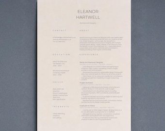 May include: A professional resume template for an architectural designer named Eleanor Hartwell. The document features a clean, light beige layout with dark text organized into sections for contact, about, education, experience, skills, and interests.