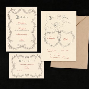 May include: A wedding stationery set on cream paper featuring black ink floral borders and red text. The set includes a main invitation with the names Louise and Eric, a details card, an RSVP card with the text Will you join us?, and a tan envelope.