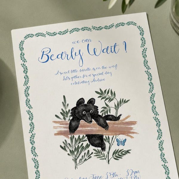 Bearly Wait Baby Shower Invite Whimsical Hand Illustrated Bear Editable Printable Template Gender Neutral