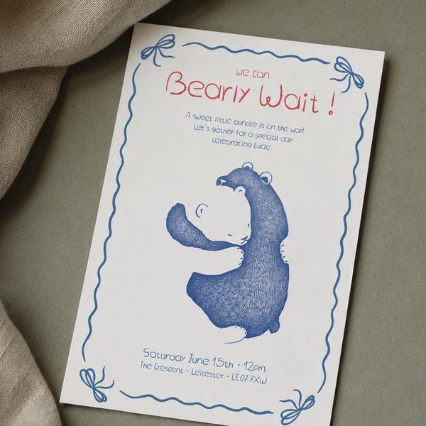 Bearly Wait Baby Shower Invite Whimsical Hand Illustrated Bear Editable Printable Template Gender Neutral