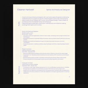 May include: A professional resume document for Eleanor Hartwell, Senior Architectural Designer. The page features a profile summary and detailed work experience sections, including roles at Meridian Studio, Calloway & Partners, and Harlow Brooke Architects.