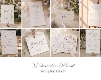 Pacchetto di cartelli per matrimoni con motivi floreali ad acquerello, modelli stampabili per la segnaletica del ricevimento in stile classico disegnati a mano, download digitale.