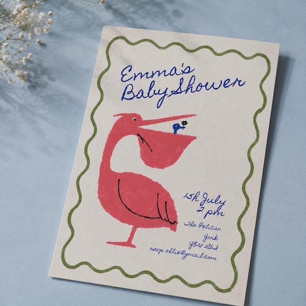 Hand Drawn Whimsical Pelican Baby Shower Invitation Editable Template Vintage Illustration Instant Download