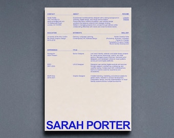 May include: A professional resume document for Sarah Porter printed in blue ink on a light beige background. The layout includes sections for contact, about, education, interests, skillset, and experience, featuring the name SARAH PORTER in large bold blue text.