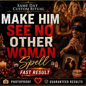 Puede incluir: Un gráfico digital con el texto SAME DAY CUSTOM RITUAL, MAKE HIM SEE NO OTHER WOMAN Spell y FAST RESULT. La imagen muestra a una persona con una venda negra, velas rojas, una fotografía enmarcada de una pareja y una bola de cristal roja.