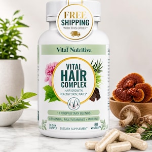 May include: A white plastic bottle of Vital Hair Complex dietary supplement with a white cap. The label features green text, a pink flower, and mushroom illustrations. It contains 60 vegecaps for a 30 day supply, 11 proprietary blends, and 16 essential multivitamins and minerals.