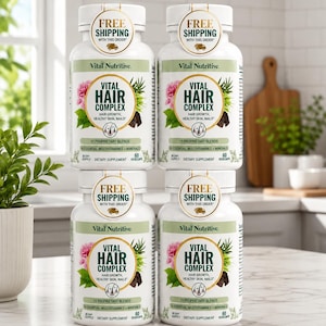 May include: Four white plastic bottles of Vital Hair Complex dietary supplement arranged in a two-by-two grid. Each bottle features a label with green text, a floral graphic, and a circular gold seal stating Free Shipping With This Order.