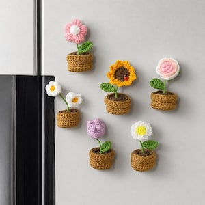 Crocheted Potted Flower Magnets, Handmade Sunflower, Bohemian Kitchen Decor