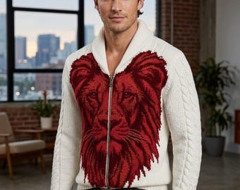 Handmade Lion Knit Cardigan for Men, Nordic Animal Graphic Wool Sweater