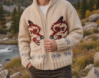 Fox Cardigan Inspired Hail Mary | Wolf Sweater | hand knit wool men's zip sweater