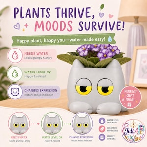 May include: A light grey cat-shaped planter with yellow eyes that change expression based on water levels. The planter holds a purple flowering plant and features text explaining its mood-indicating function, including the phrase PLANTS THRIVE, MOODS SURVIVE!