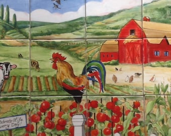 Farm Scene/Tile Mural/Handpainted/Kiln Fired
