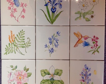 Wildflower Tiles/Handpainted/Kiln Fired