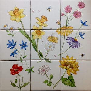 Wildflower Mural 12.75"x12.75"/Hand painted&Kiln Fired/4.25"tile