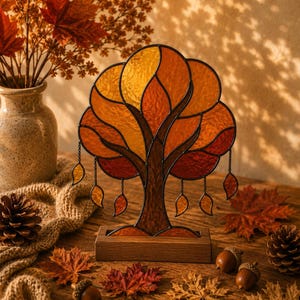 May include: A stained glass tree sculpture featuring a dark brown trunk and a canopy of textured yellow, orange, and red glass panels. The tree is mounted on a rectangular wooden base and includes small dangling leaf charms on thin metal chains.