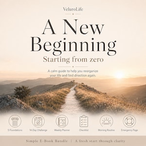 Könnte beinhalten: E-Book-Bundle mit dem Titel "A New Beginning" und dem Slogan "Starting from zero". Das Cover zeigt einen malerischen Pfad, der zu einem Sonnenuntergang führt. Enthält Symbole für 5 Grundlagen, 14-Tage-Challenge, Wochenplaner, Checkliste, Morgenroutine und Notfallseite.