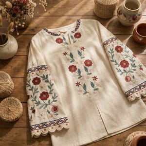 Puede incluir: Una blusa de manga larga en color blanco roto con un patrón de bordado floral vertical en el centro en rojo y verde. Las mangas están adornadas con bordados florales a juego y ribetes geométricos, terminadas con un dobladillo festoneado.