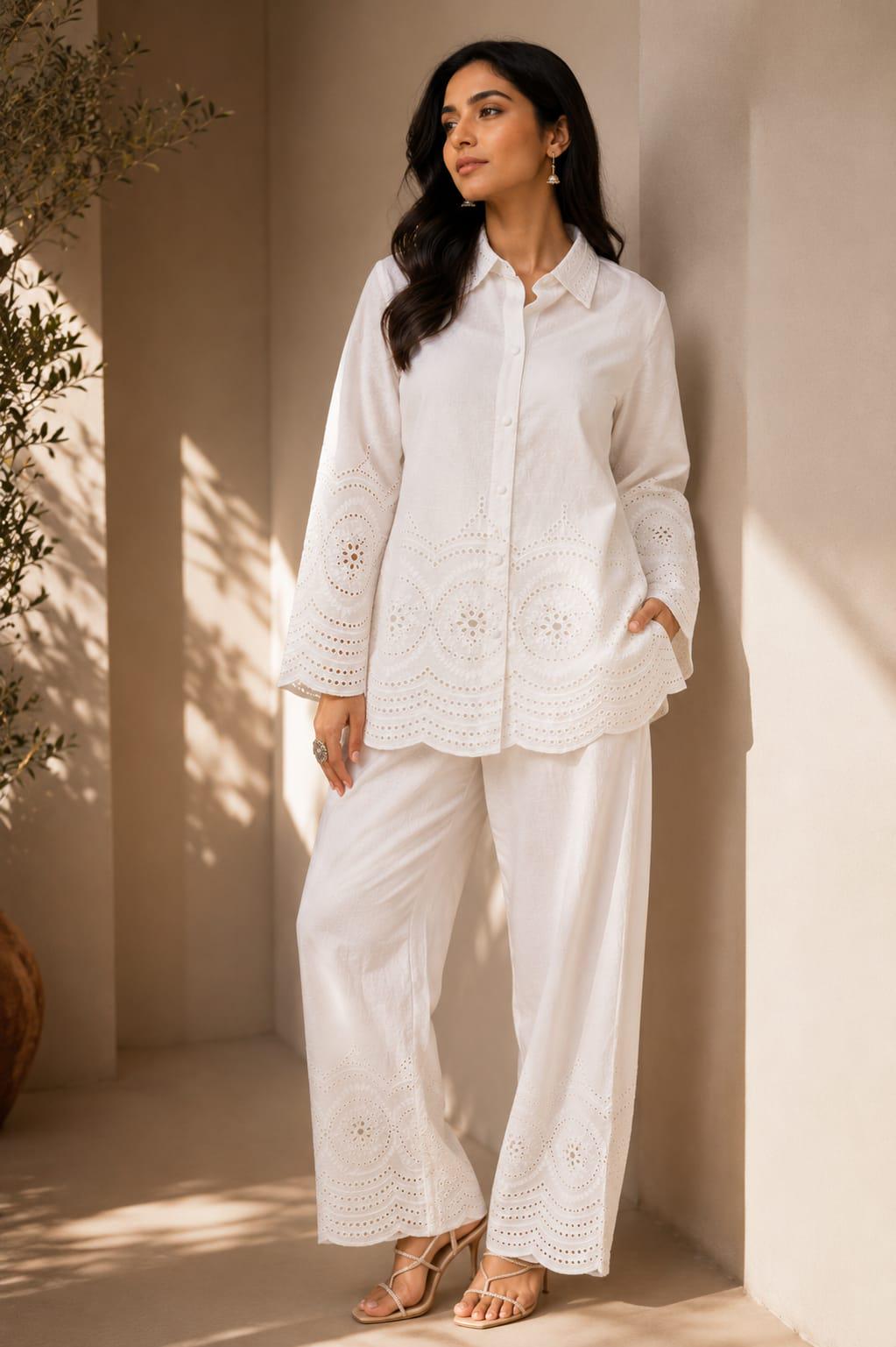 White Embroidered Cotton Co Ord Set Summer Resort Wear Shirt Palazzo
