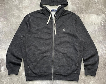 Sweat à capuche zippé Polo Ralph Lauren gris foncé chiné taille XL, sweat-shirt Polo entièrement zippé vintage, veste à capuche de créateur pour hommes gris anthracite