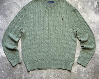 Pull en maille torsadée Polo Ralph Lauren - Vert sauge, taille XL, col rond, pull vintage pour hommes/unisexe - coton vert sauge