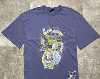 Vintage Ed Hardy T-Shirt Men's Medium, Eagle and Snake Battle Graphic Tee, Y2K Ed Hardy New York City Blue Distressed T-Shirt, Size M