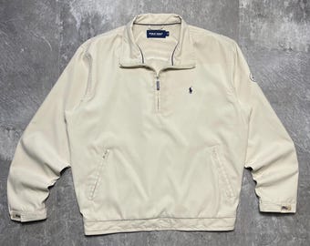 Veste vintage Polo Golf Ralph Lauren 1/4 zippée beige crème taille M, coupe-vent de golf de luxe The K Club, pull Ralph Lauren rétro pour hommes