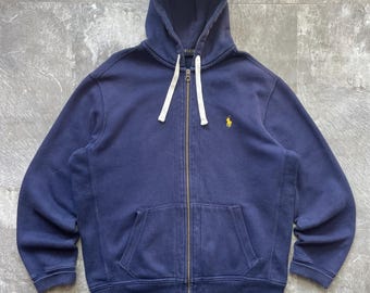 Polo Ralph Lauren hoodie met rits marineblauw maat L, vintage Ralph Lauren-sweater heren, capuchon met volledige rits geel ponylogo katoen