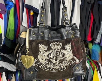 Bolso vintage de terciopelo Juicy Couture marrón y negro con bordado de perro Scottie estilo Y2K, bolso de mano, bolso tote Juicy Couture Daydreamer, bolso boho estético de los años 2000