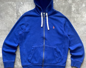 vintage Sweat à capuche zippé Polo Ralph Lauren Bleu Taille M | Sweat-shirt en molleton Ralph Lauren pour hommes, taille moyenne | Veste à capuche bleue avec fermeture éclair Polo