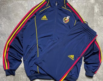 Survêtement vintage Adidas Espagne RFEF bleu marine 2009, rétro football Espagne équipe nationale veste de survêtement et pantalon, taille S/M, vêtements de football