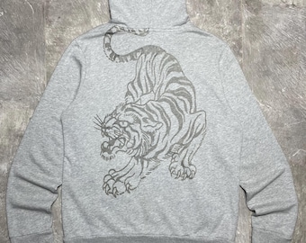 Sweat à capuche Ed Hardy Tiger vintage gris polaire sweat-shirt taille XL, Streetwear de l'an 2000 Ed Hardy Tiger Giant pull sweat à capuche pour homme extra large